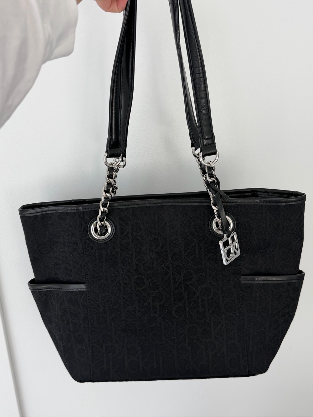 Calvin Klein Black Signature Jacquard Tote with Chain Accents